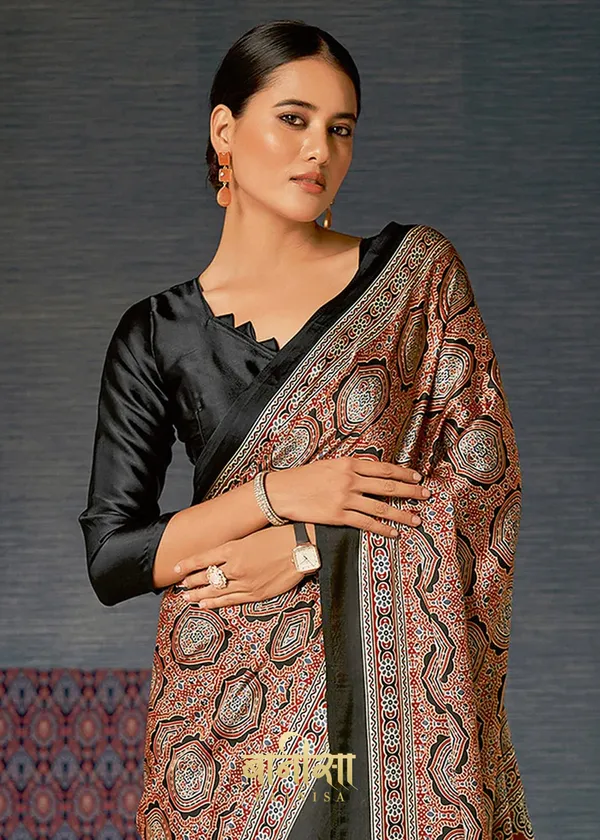 Orange__Ajrakh_Printed_Satin_Crepe_Saree