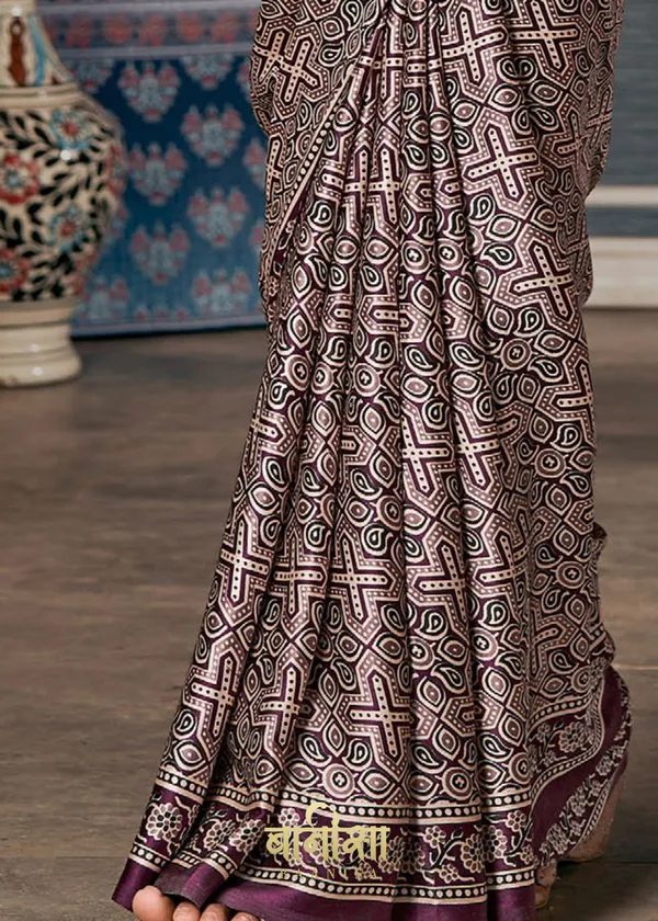 Wine_Ajrakh_Printed_Satin_Crepe_Saree