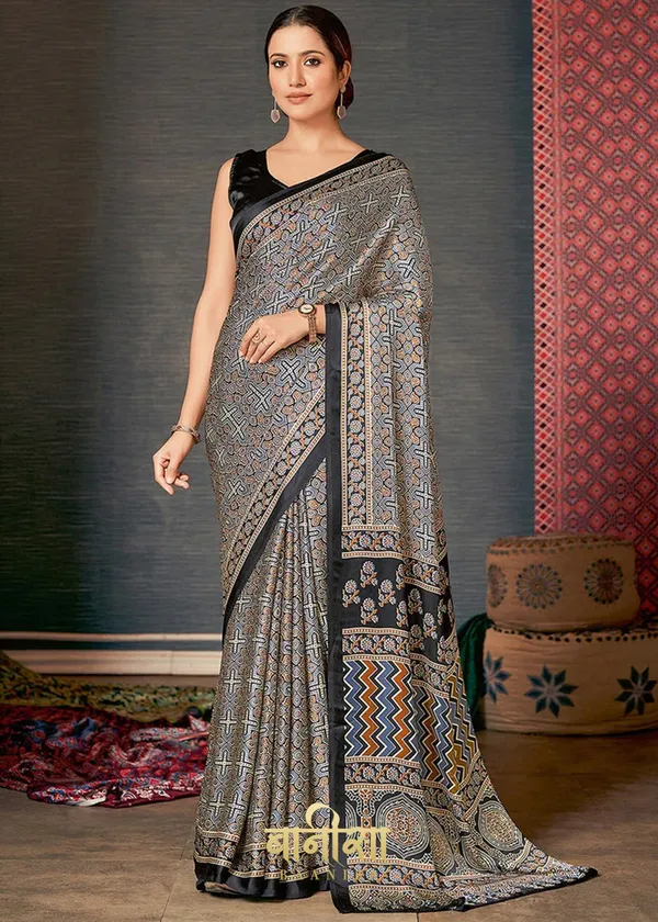 Grey_Ajrakh_Printed_Satin_Crepe_Saree
