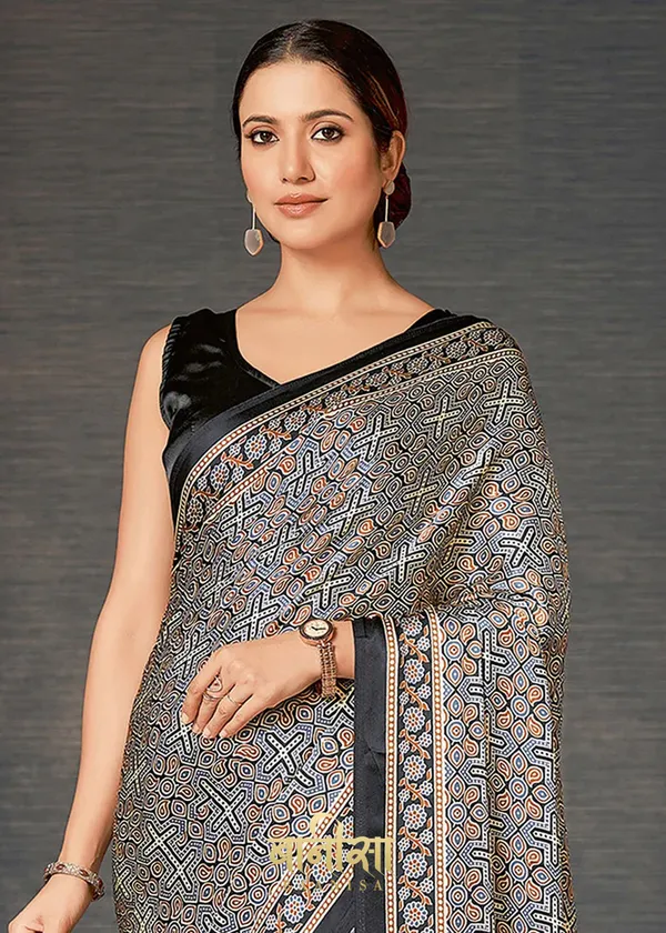 Grey_Ajrakh_Printed_Satin_Crepe_Saree