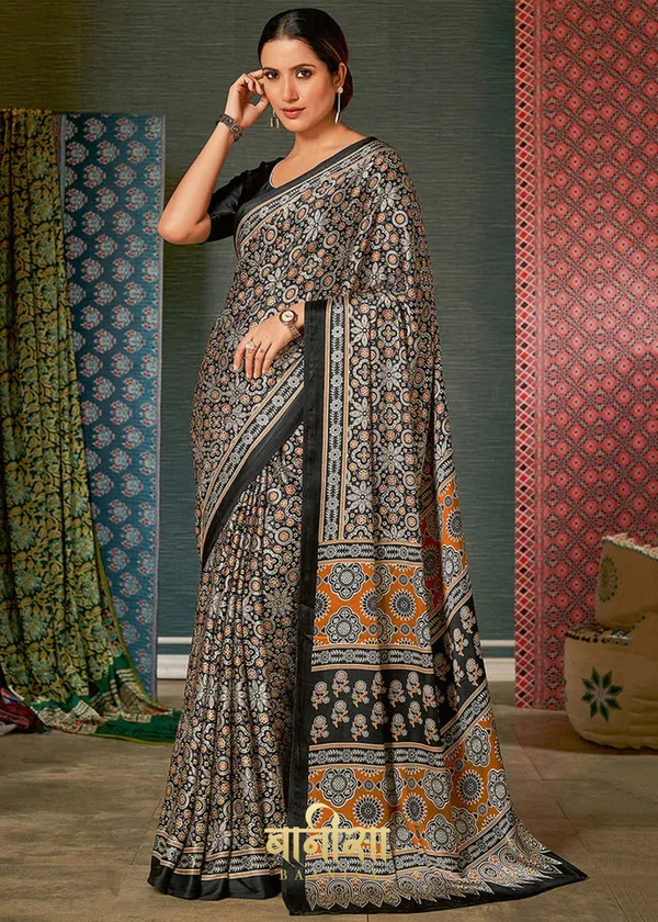 Coffe__Ajrakh_Printed_Satin_Crepe_Saree
