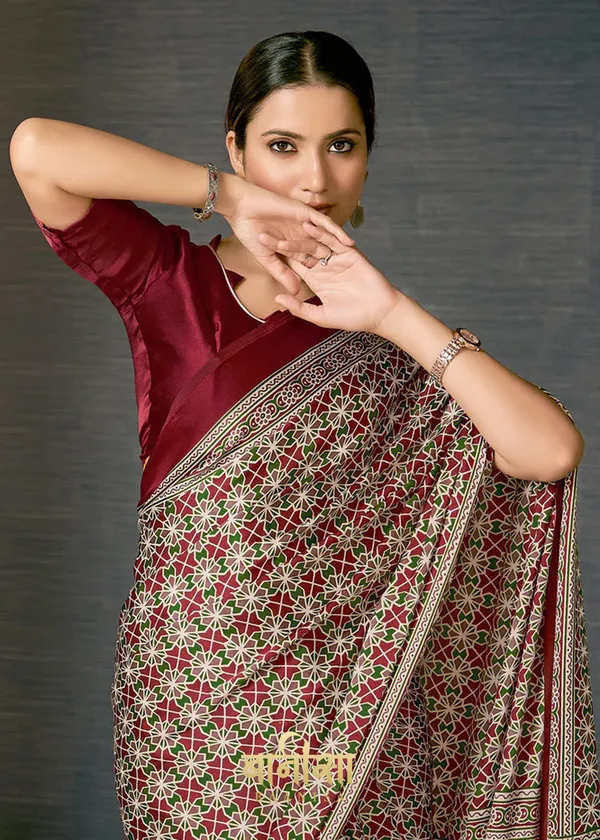 Wine_Ajrakh_Printed_Satin_Crepe_Saree