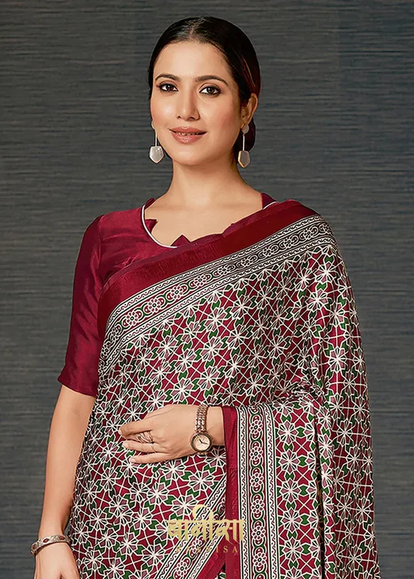Wine_Ajrakh_Printed_Satin_Crepe_Saree