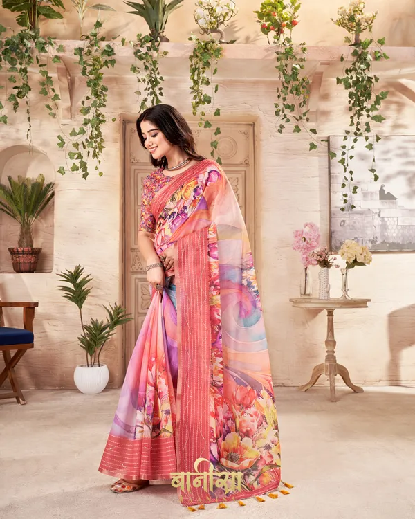 PEACH_FLORAL_CHANDERI_COTTON_KATHA_&_SEQUENCE_WORK_WORK_PRINTED_SAREE_WITH_MATCHED_UNSTTICHED_BLOUSE