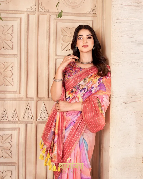 PEACH_FLORAL_CHANDERI_COTTON_KATHA_&_SEQUENCE_WORK_WORK_PRINTED_SAREE_WITH_MATCHED_UNSTTICHED_BLOUSE