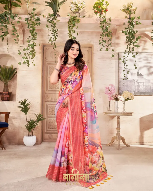 PEACH_FLORAL_CHANDERI_COTTON_KATHA_&_SEQUENCE_WORK_WORK_PRINTED_SAREE_WITH_MATCHED_UNSTTICHED_BLOUSE