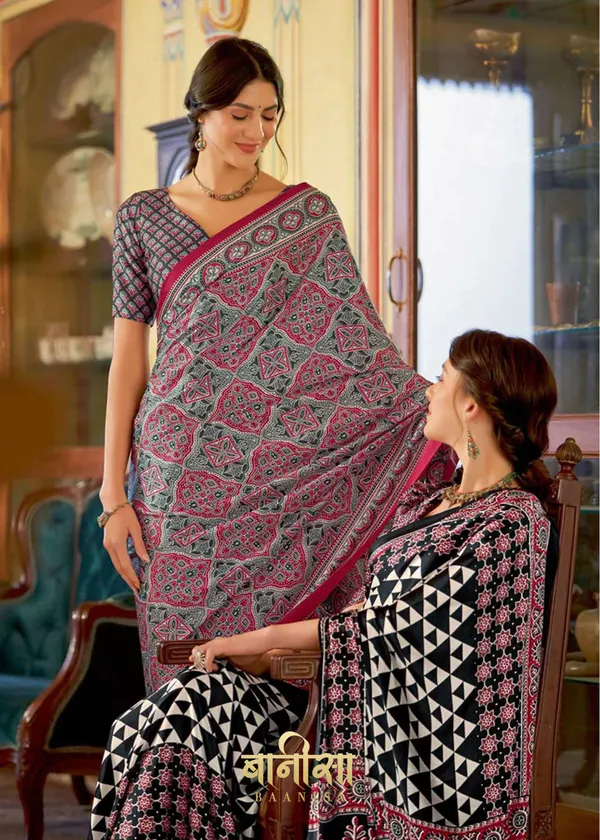 Grey_Ajrakh_Printed_Satin_Crepe_Saree