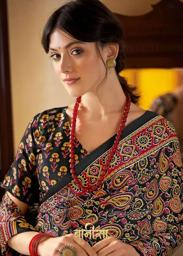Multicolour_Ajrakh_Printed_Satin_Crepe_Saree