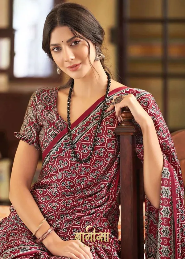 Multicolour_Ajrakh_Printed_Satin_Crepe_Saree
