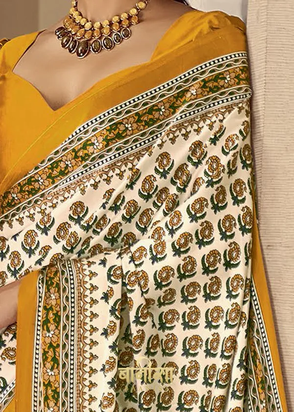 Mustered_Ajrakh_Printed_Satin_Crepe_Saree_With_Matched_Unsttiched_Blouse