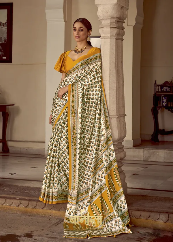 Mustered_Ajrakh_Printed_Satin_Crepe_Saree_With_Matched_Unsttiched_Blouse