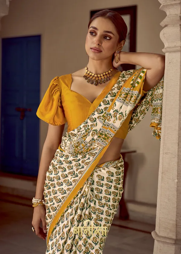 Mustered_Ajrakh_Printed_Satin_Crepe_Saree_With_Matched_Unsttiched_Blouse