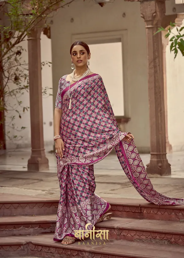 Cherry_Wine_Ajrakh_Printed_Satin_Crepe_Saree_With_Matched_Unsttiched_Blouse