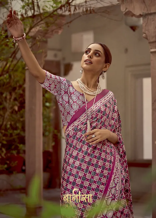 Cherry_Wine_Ajrakh_Printed_Satin_Crepe_Saree_With_Matched_Unsttiched_Blouse