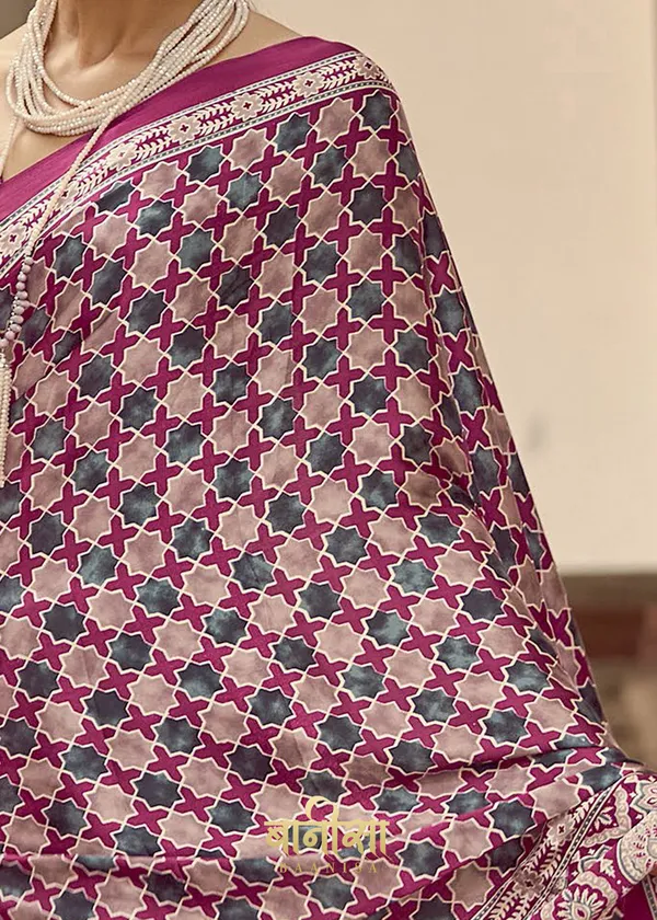 Cherry_Wine_Ajrakh_Printed_Satin_Crepe_Saree_With_Matched_Unsttiched_Blouse