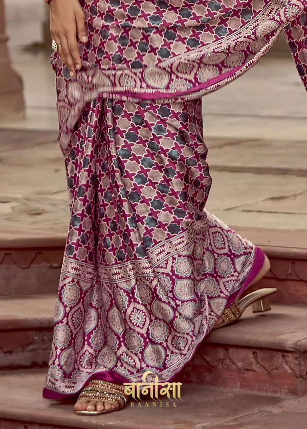 Cherry_Wine_Ajrakh_Printed_Satin_Crepe_Saree_With_Matched_Unsttiched_Blouse