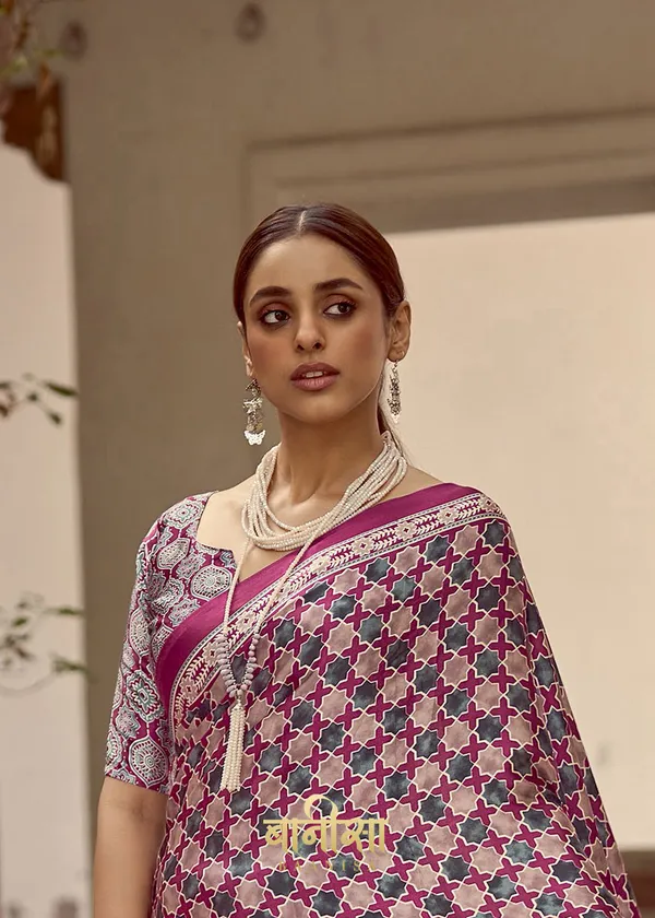 Cherry_Wine_Ajrakh_Printed_Satin_Crepe_Saree_With_Matched_Unsttiched_Blouse