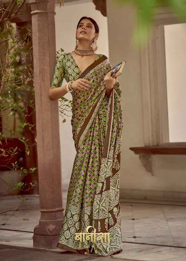 Perrot_Green_Ajrakh_Printed_Satin_Crepe_Saree_With_Matched_Unsttiched_Blouse