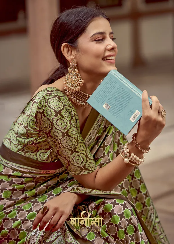 Perrot_Green_Ajrakh_Printed_Satin_Crepe_Saree_With_Matched_Unsttiched_Blouse