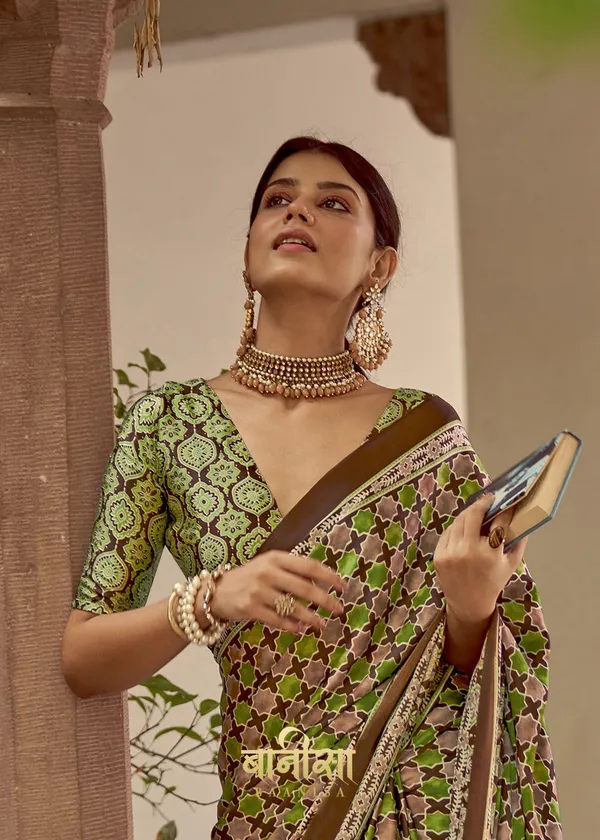 Perrot_Green_Ajrakh_Printed_Satin_Crepe_Saree_With_Matched_Unsttiched_Blouse