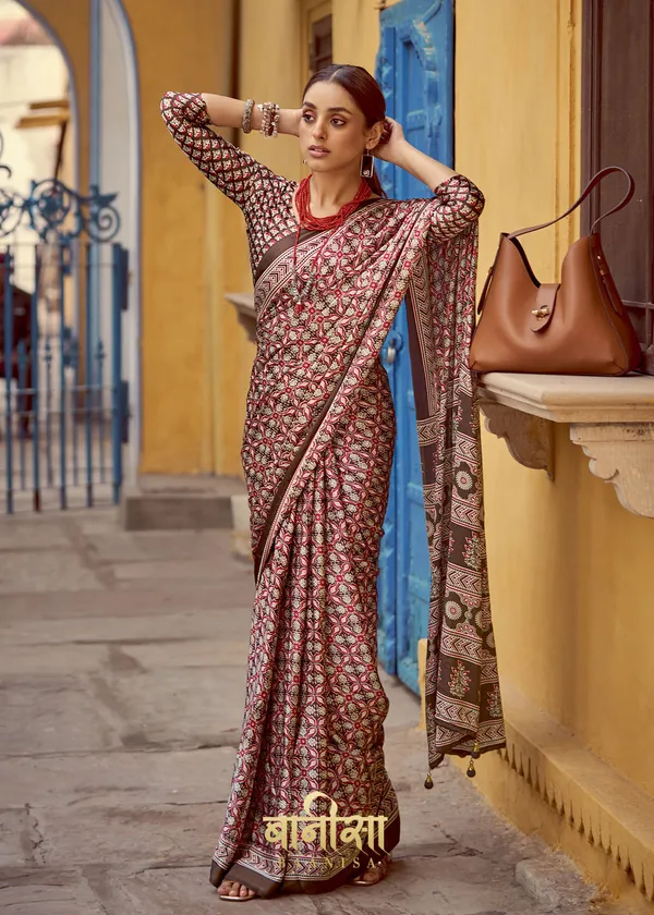 Brown_Ajrakh_Printed_Satin_Crepe_Saree_With_Matched_Unsttiched_Blouse