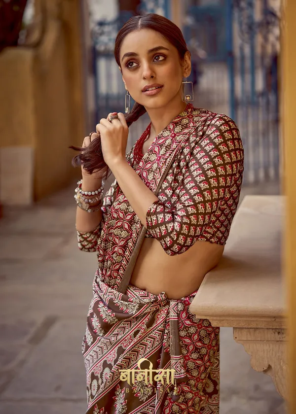 Brown_Ajrakh_Printed_Satin_Crepe_Saree_With_Matched_Unsttiched_Blouse
