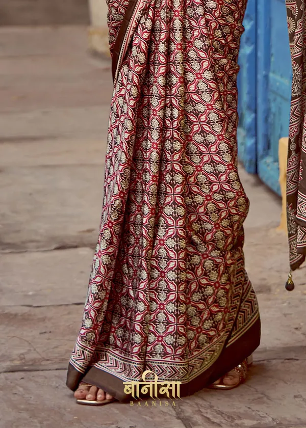Brown_Ajrakh_Printed_Satin_Crepe_Saree_With_Matched_Unsttiched_Blouse