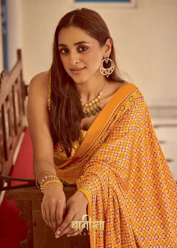 Orangish_Yellow_Ajrakh_Printed_Satin_Crepe_Saree_With_Matched_Unsttiched_Blouse