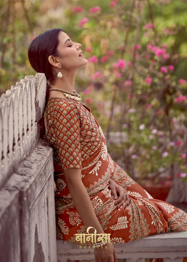Lighting_Brown_Ajrakh_Printed_Satin_Crepe_Saree_With_Matched_Unsttiched_Blouse