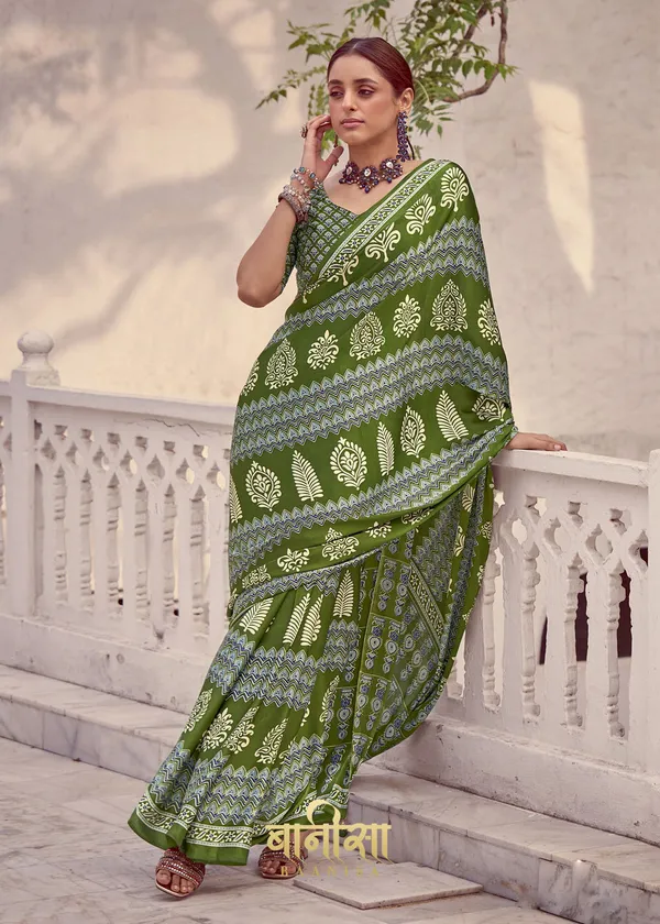 Forest_Green_Ajrakh_Printed_Satin_Crepe_Saree_With_Matched_Unsttiched_Blouse