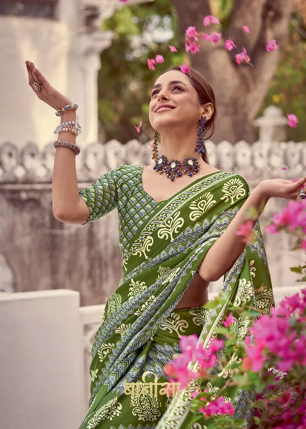Forest_Green_Ajrakh_Printed_Satin_Crepe_Saree_With_Matched_Unsttiched_Blouse