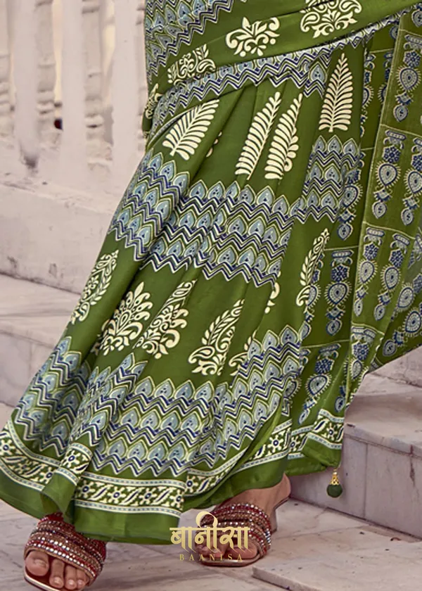 Forest_Green_Ajrakh_Printed_Satin_Crepe_Saree_With_Matched_Unsttiched_Blouse