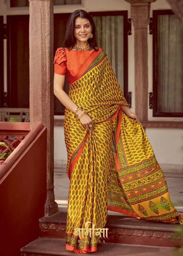 Lemon_Yellow_Ajrakh_Printed_Satin_Crepe_Saree_With_Matched_Unsttiched_Blouse