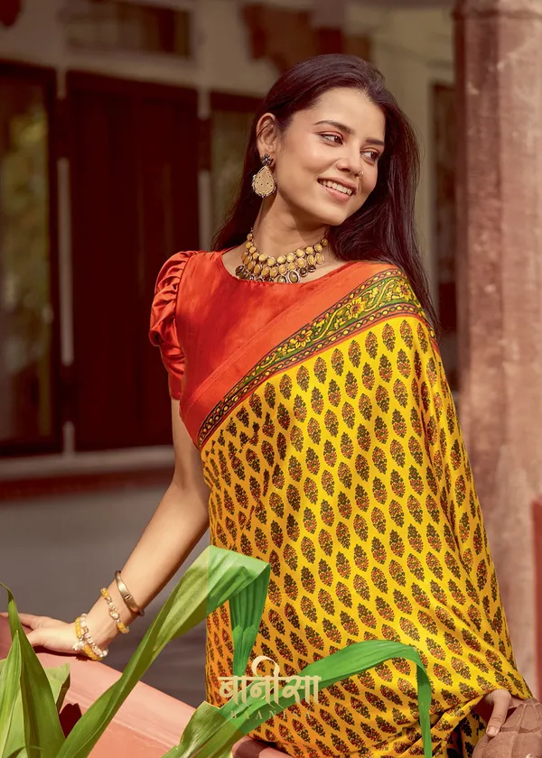 Lemon_Yellow_Ajrakh_Printed_Satin_Crepe_Saree_With_Matched_Unsttiched_Blouse