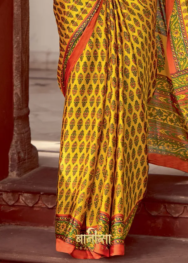 Lemon_Yellow_Ajrakh_Printed_Satin_Crepe_Saree_With_Matched_Unsttiched_Blouse