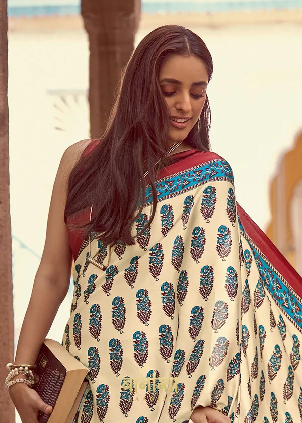 Off_White_And_Sky_Blue_Ajrakh_Printed_Satin_Crepe_Saree_With_Matched_Unsttiched_Blouse
