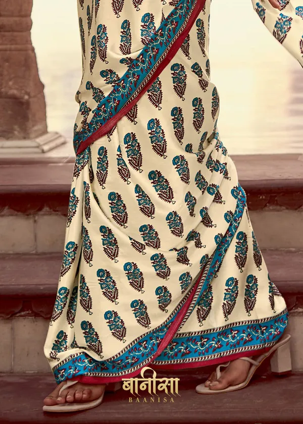 Off_White_And_Sky_Blue_Ajrakh_Printed_Satin_Crepe_Saree_With_Matched_Unsttiched_Blouse