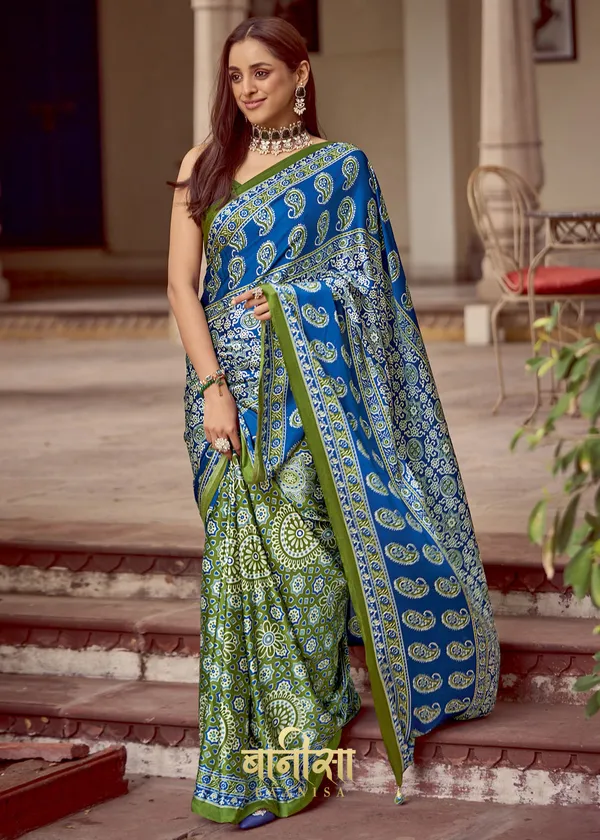Horizon_Blue_Ajrakh_Printed_Satin_Crepe_Saree_With_Matched_Unsttiched_Blouse