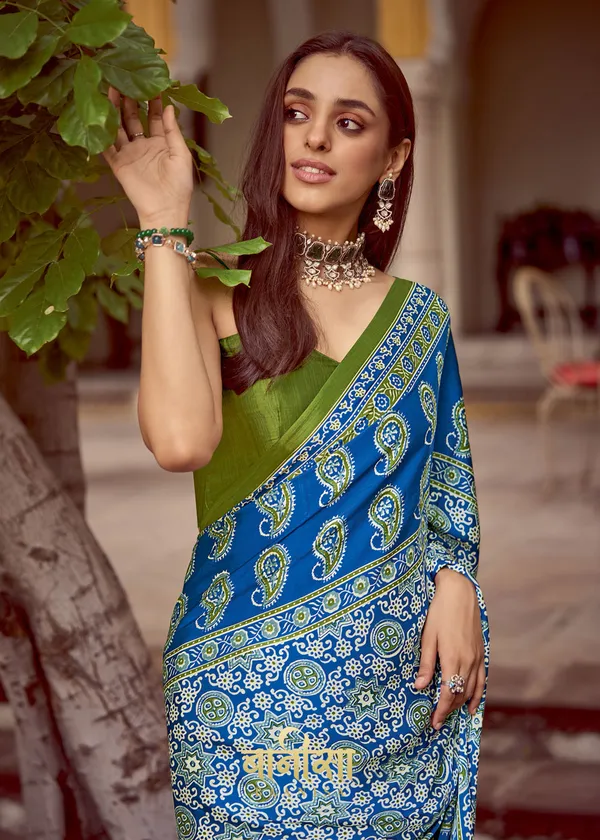 Horizon_Blue_Ajrakh_Printed_Satin_Crepe_Saree_With_Matched_Unsttiched_Blouse
