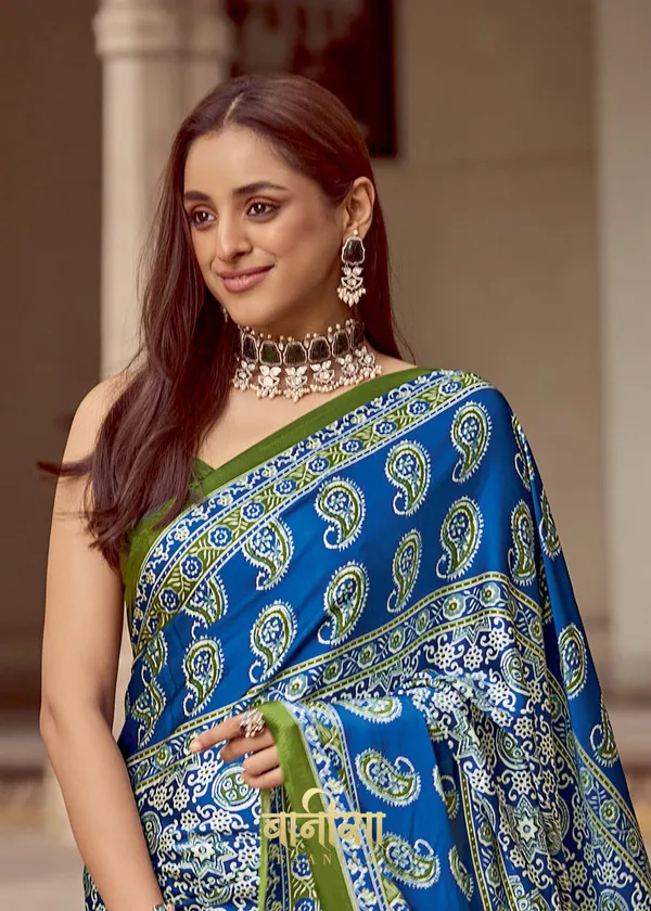Horizon_Blue_Ajrakh_Printed_Satin_Crepe_Saree_With_Matched_Unsttiched_Blouse