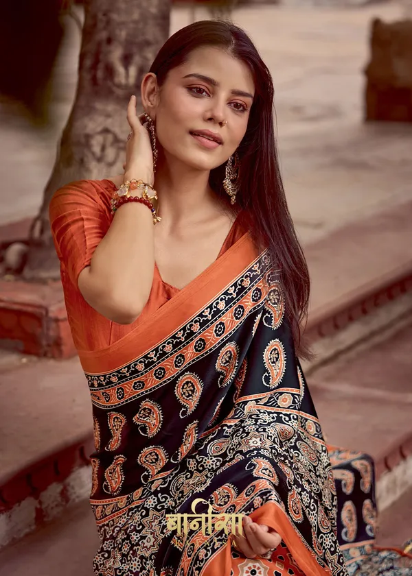 Black_And_Orange_Ajrakh_Printed_Satin_Crepe_Saree_With_Matched_Unsttiched_Blouse