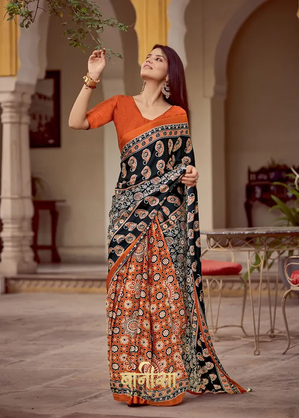 Black_And_Orange_Ajrakh_Printed_Satin_Crepe_Saree_With_Matched_Unsttiched_Blouse