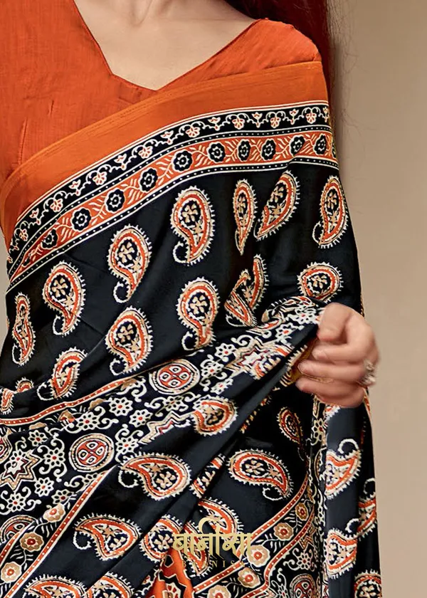 Black_And_Orange_Ajrakh_Printed_Satin_Crepe_Saree_With_Matched_Unsttiched_Blouse