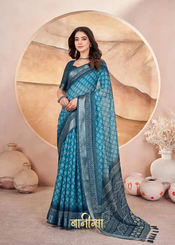 Eastern_Blue_Geometric_Cotton_Linen_Digital_Print_Saree_With_Matched_Unsttiched_Blouse