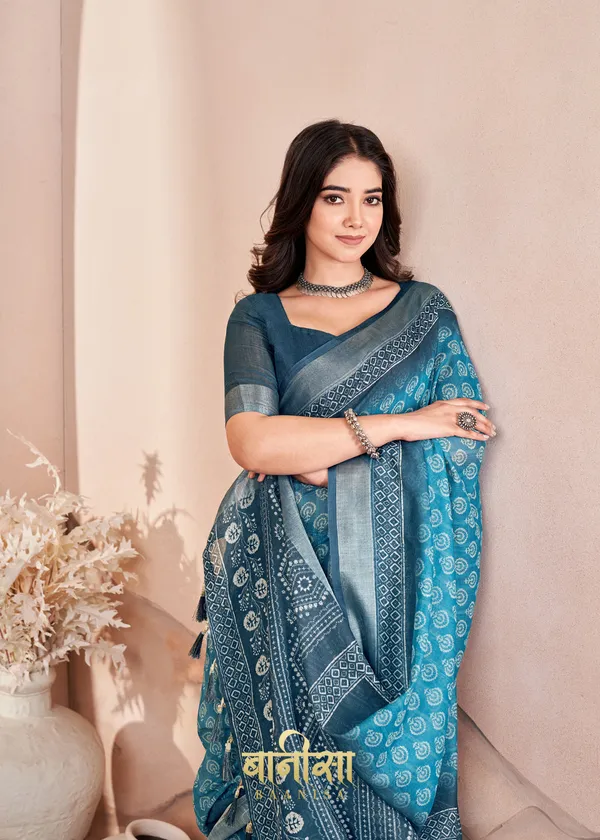 Eastern_Blue_Geometric_Cotton_Linen_Digital_Print_Saree_With_Matched_Unsttiched_Blouse
