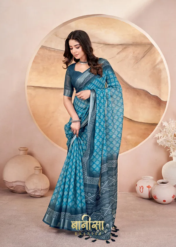 Eastern_Blue_Geometric_Cotton_Linen_Digital_Print_Saree_With_Matched_Unsttiched_Blouse