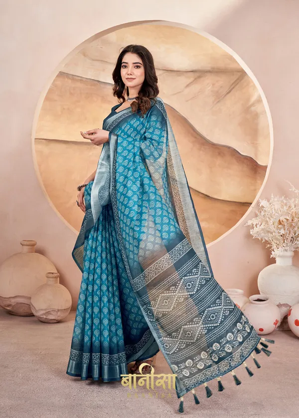 Eastern_Blue_Geometric_Cotton_Linen_Digital_Print_Saree_With_Matched_Unsttiched_Blouse