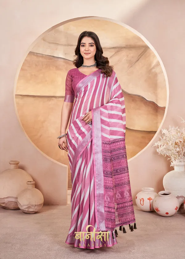 Pink_Laheriya_Cotton_Linen_Digital_Print_Saree_With_Matched_Unsttiched_Blouse