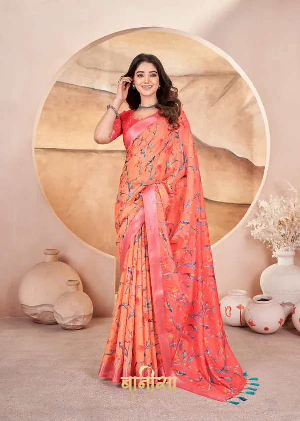 Orange_Bird_Digital_Print_Cotton_Linen_Saree_With_Matched_Unsttiched_Blouse