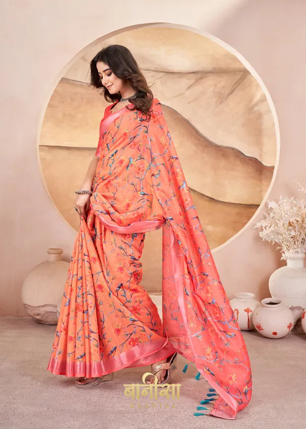 Orange_Bird_Digital_Print_Cotton_Linen_Saree_With_Matched_Unsttiched_Blouse